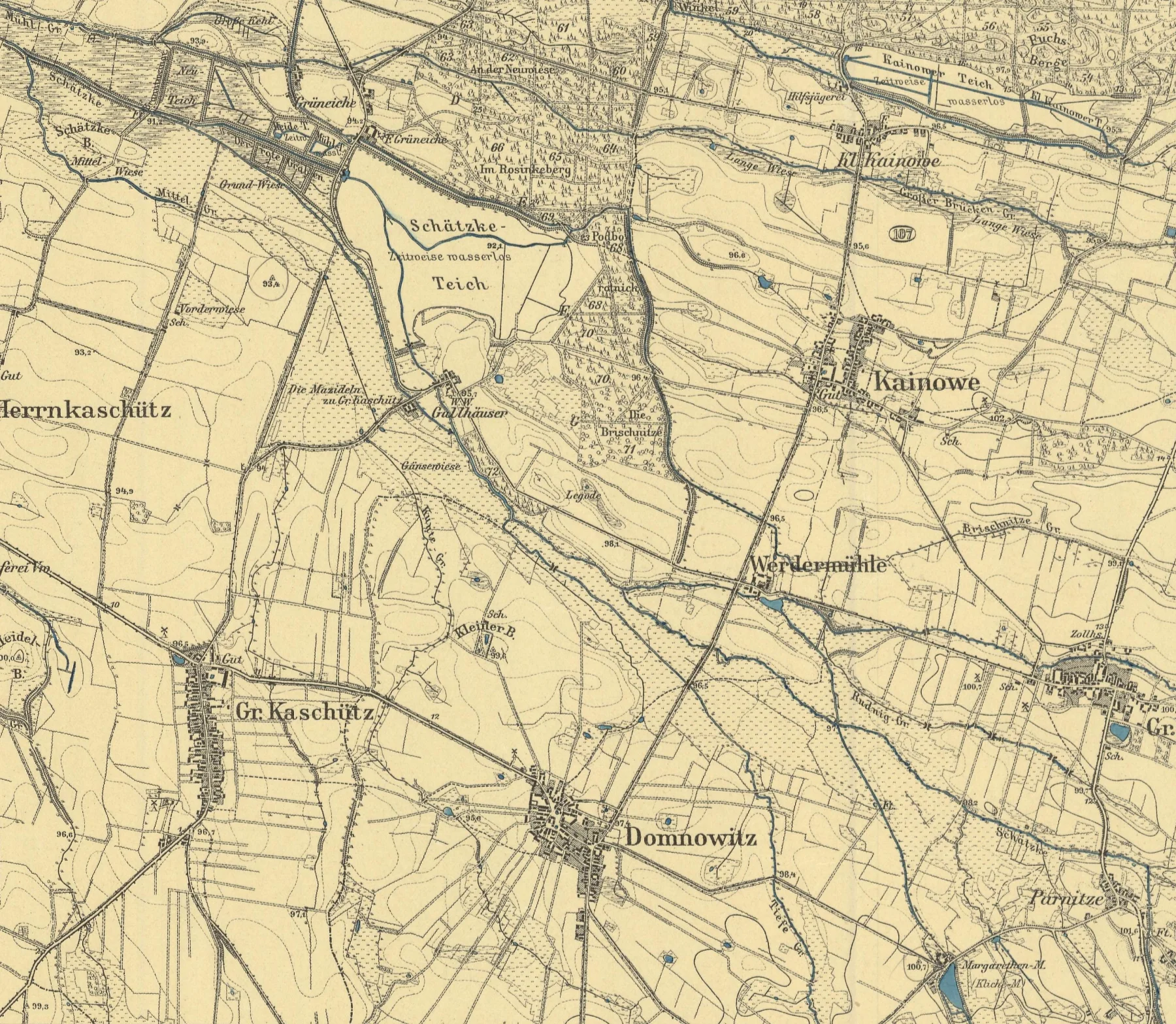 Fragment mapy Kainowe z Kaszycami Wielkimi, Gąskami, Sąsiecznicą i stawami